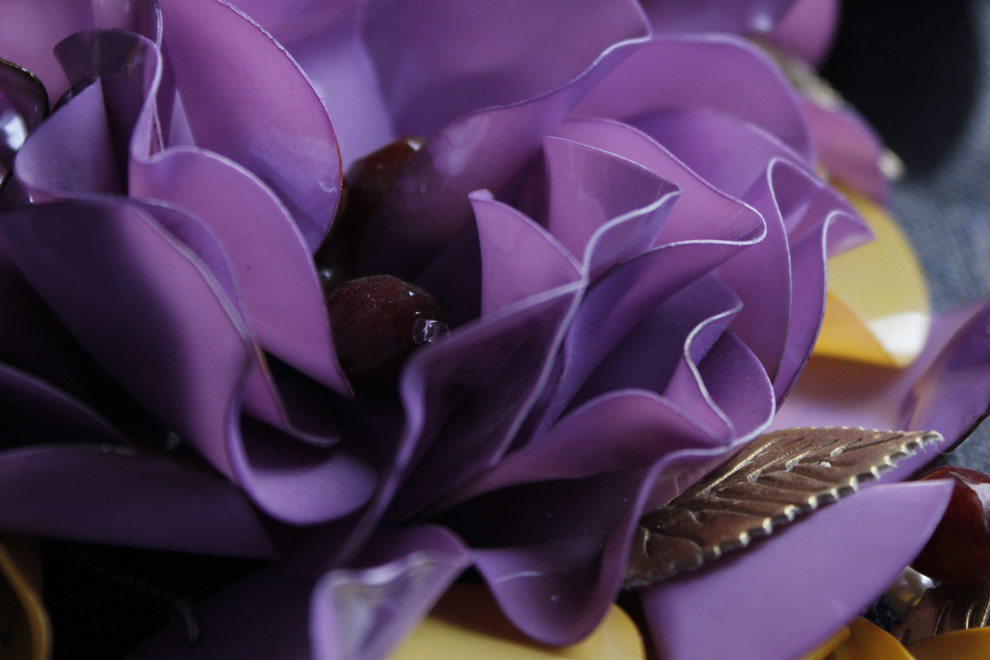 Purple satin fabric flower close-up embellishment — Imroz Fashions