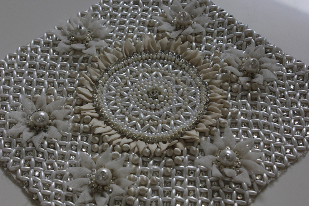 White pearl mandala with fabric flower motifs — Imroz Fashions