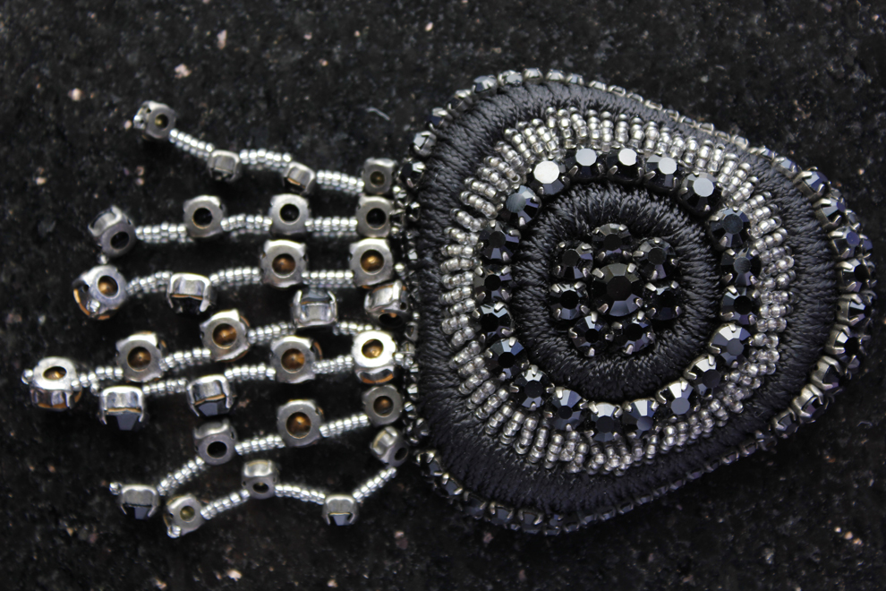 Close detail of hand beaded fringe embroidery on dark fabric — Imroz Fashions real work